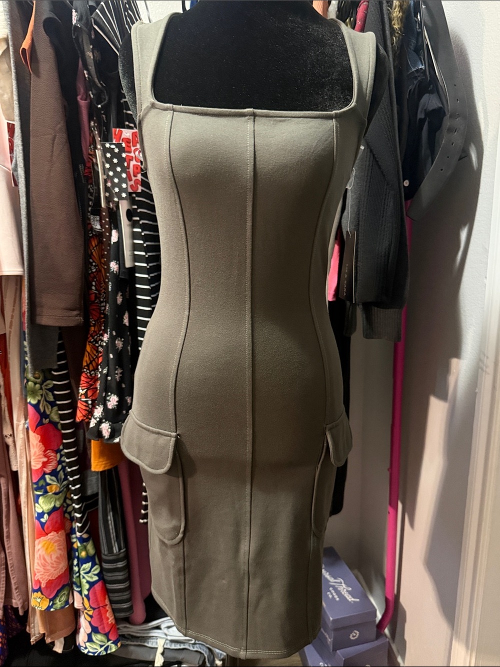 Olive Square-Neck Midi Dress with Utility Pocket Flaps